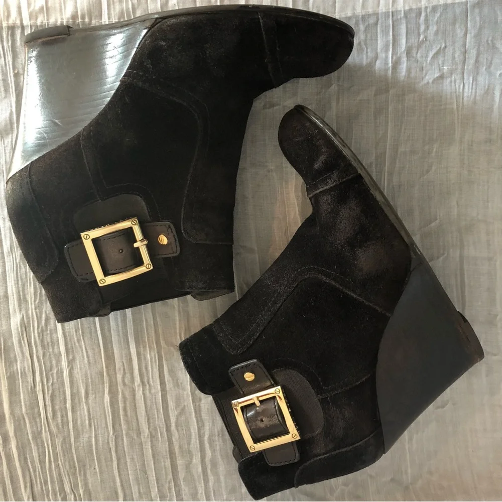 TORY BURCH boots Adrienne womans SZ 7 black suede high heel wedge ankle boots